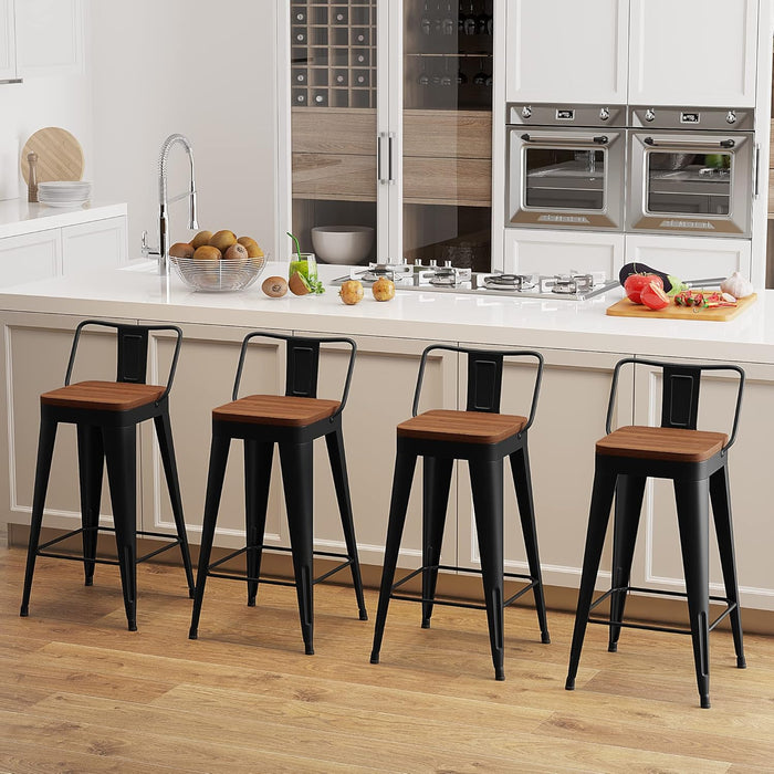 Bar Stools Set of 4 Metal Bar Stool Counter Height Bar Stools Black, Modern 24" Bar Chairs with Back and Wooden Seat Bar Stool Counter Height
