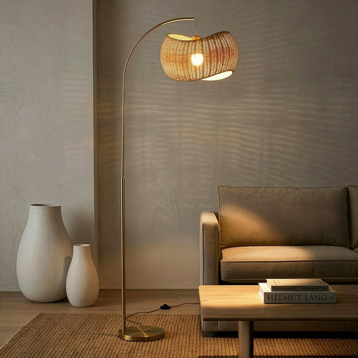 Wave Arc Floor Lamp - Chic Standing Lamp with Unique Hanging Wicker Pendant Shade for Living Room, Boho Rattan Natural Decor Lamp, Arcs over Sofa, Bedroom & Office Desk for Reading - Brass