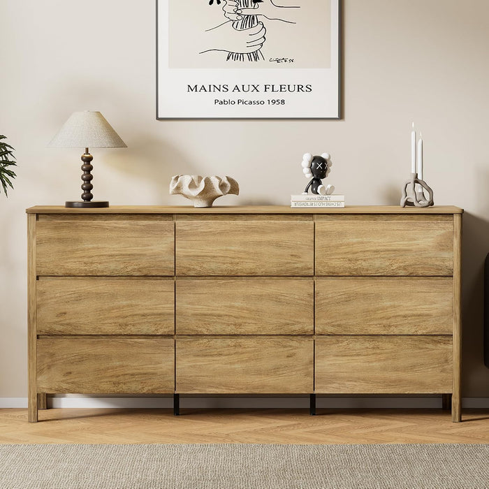 63" Wide 9 Drawer Wood Dresser for Bedroom with Legs, Natural Oak