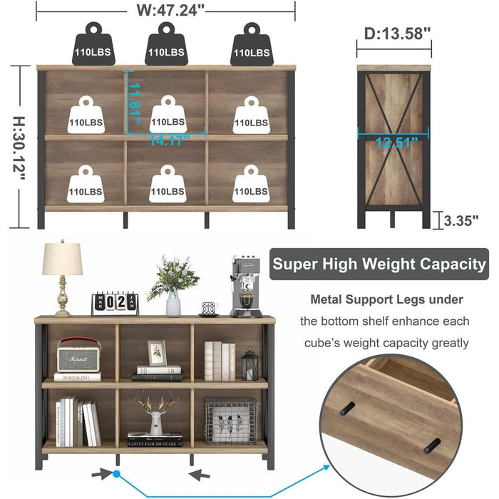 6 Cube Storage Organizer with Shelf, Long Wood and Metal Cubby Bookcase, Industrial Horizontal Bookshelf (Rustic Oak, 47 Inch)