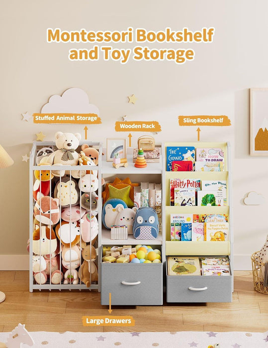 Kids Bookshelf and Toy Storage, Large 3 Tier Book Shelf for Kids Rooms, Sling Baby Bookcase with Stuffed Animal Storage, Toddler Montessori Bookshelf for Nursery, Playroom, Kindergarten