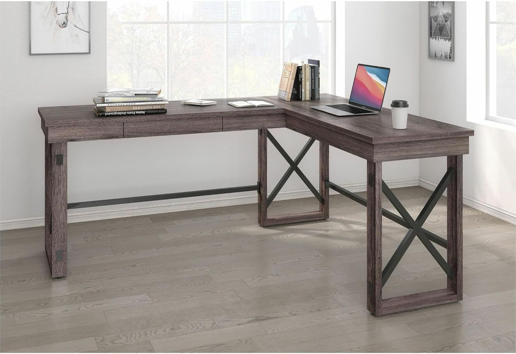 LYS L-Shaped Industrial Desk - Gray Oak Top - 29.50" Height X 67" Width X 52.13" Depth