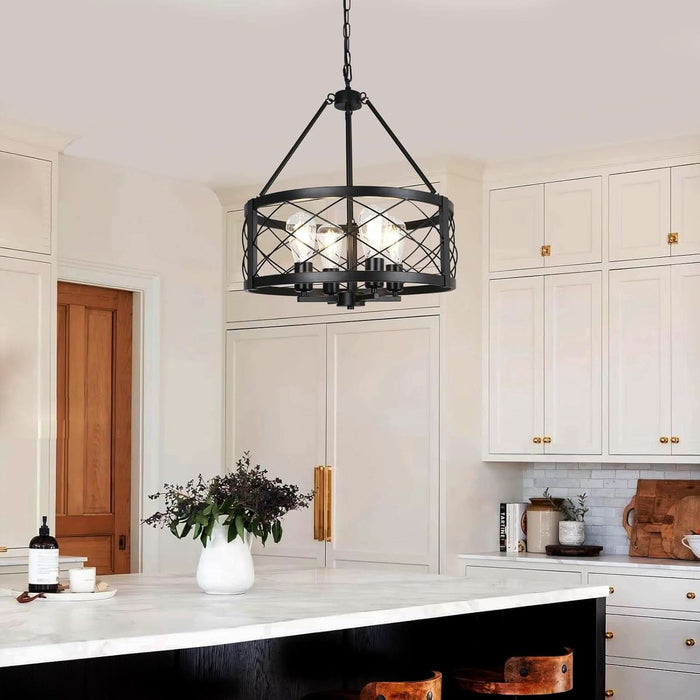 Vintage Chandelier for Entryway, 4 Lights Farmhouse Dining Room Light Fixture, Modern Rustic Black Chandeliers, Industrial Metal Drum Light Fixtures for Kitchen Island Foyer Living Room