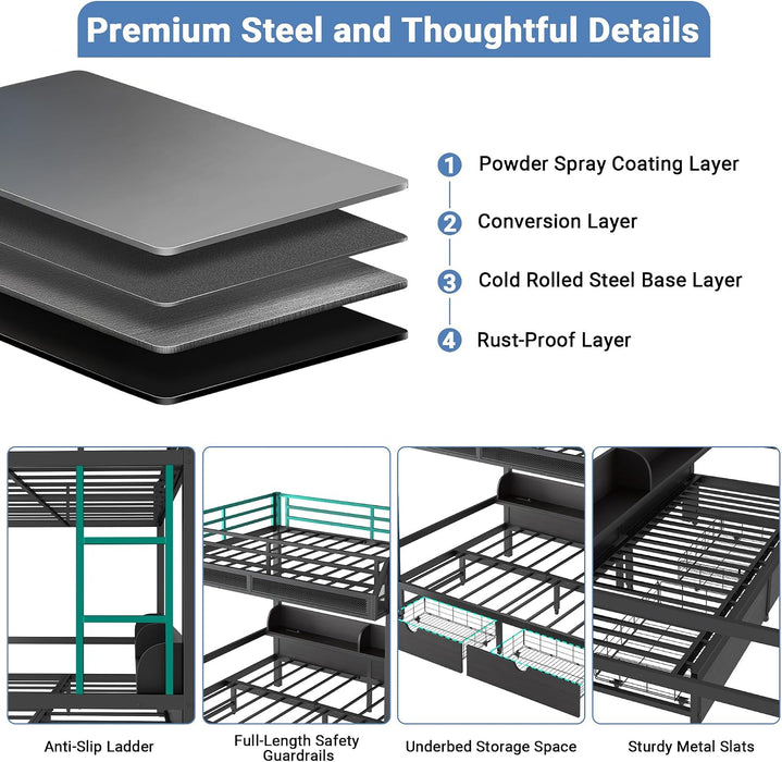 Queen Over Queen Metal Bunk Bed USBChargingPortsAndLED
