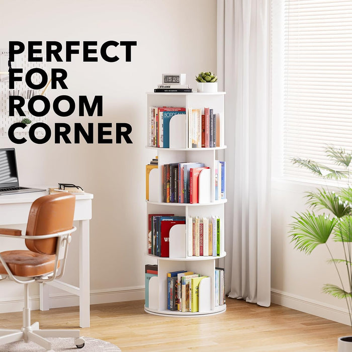 Cross Style 4 Tier Rotating Bookshelf, Spinning 360 Bookcase Lazy Susan Tower, Vertical Revolving Books Shelf Storage round Carousel Space Saving Organizer, White