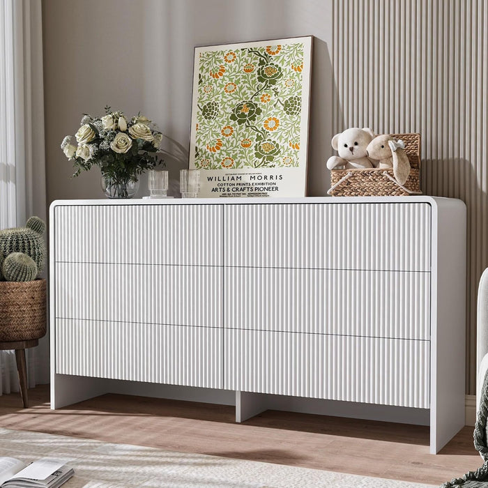 55" Wide Modern Curved 6 Drawer Dresser，White
