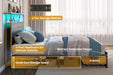 Queen Bed Frame with 2 Drawers, LED Lights, Charging Station, Rustic Grey