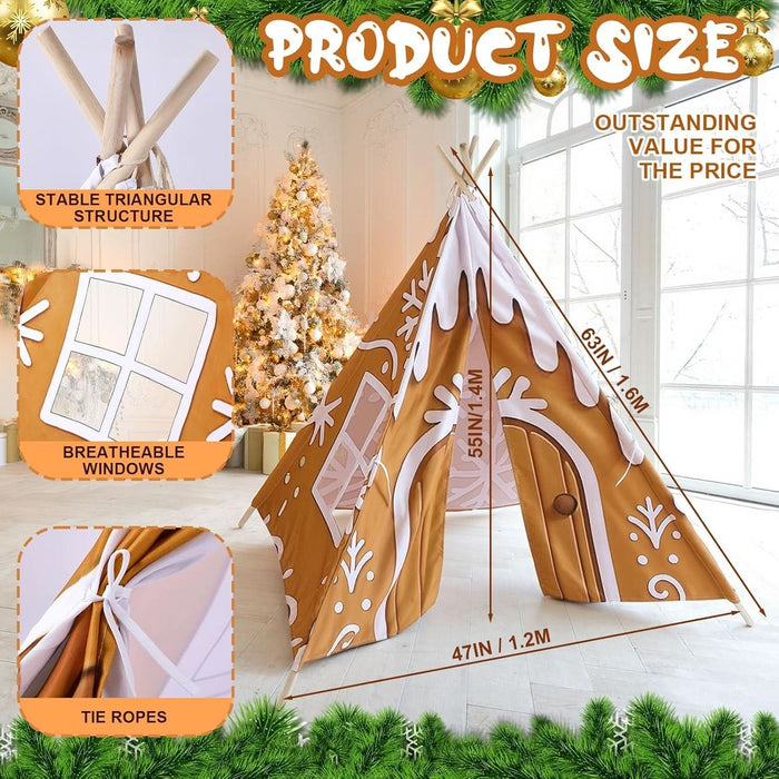 Christmas Gingerbread House Teepee Tent for Kids Gingerbread Play Tent Playhouse Decorations 47X47X55 Inch Foldable 5 Sides with Carry Bag for Toddler Indoor Outdoor Games Party Holiday