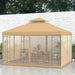 10' X 12' Patio Gazebo with Corner Frame Shelves, Double Roof Outdoor Gazebo Canopy Shelter with Netting for Patio, Wedding, Catering & Events, Brown