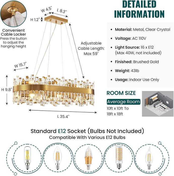 Modern Crystal Chandelier 16 Lights Rectangular Gold 2-Tiers Raindrop Crystal Chandelier Oval Adjustable Hanging Pendant Ceiling Light Fixture for Dining Living Room Kitchen Island 35.4 Inch