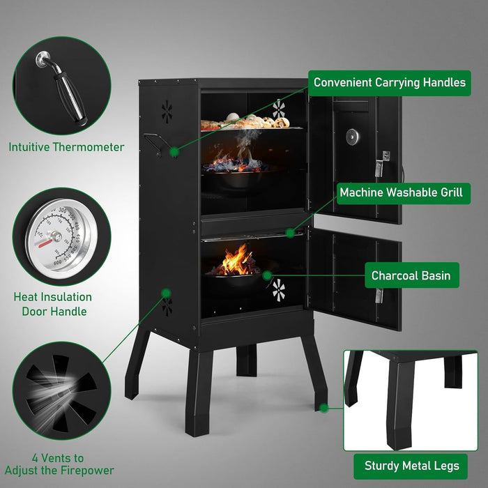 Outdoor Smoker with Double Doors, Vertical Charcoal Smoker, Outdoors Charcoal Barbeque with 2 Detachable Grill Netting Smoking Racks, Suitable for Lawn Picnic, Backyard BBQ, Black