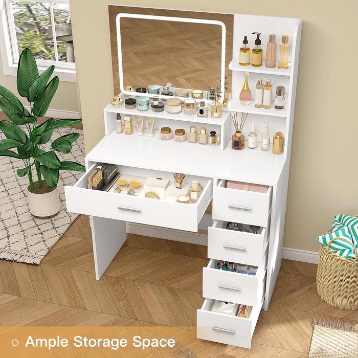 Makeup Vanity Desk with Liighted Mirror, Vanity Desk with 5 Drawers & Storage Shelves, Vanity Table, 3 Color Modes & Adjustable Brightness Dressing Table, Bedroom