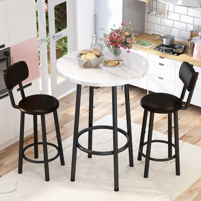 Dining Table Set for 2 - 24" round Kitchen Table with MDF Tabletop & 2 PU Leather Chairs, Bar Pub Set for Small Space Kitchen Living Room Apartment, White