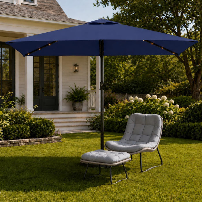 6.5 X 10Ft Rectangular Patio Umbrella with Solar Lights, 16 LED Lighted Market Umbrella with Push-Button Tilt and Crank, 6 Sturdy Iron Ribs for Garden, Deck, Pool, Navy Blue