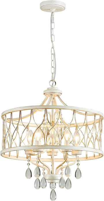 Modern Crystal Chandelier, 5-Light Farmhouse White Chandelier for Dining Room Vintage Hanging Pendant Light Fixtures round Chandelier for Kitchen Island Entryway Foyer Bedroom Office Bar