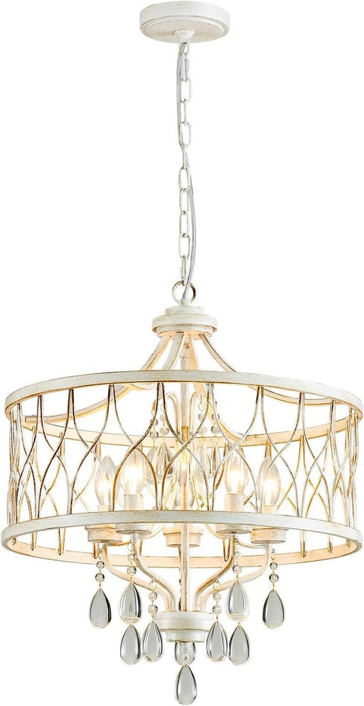 Modern Crystal Chandelier, 5-Light Farmhouse White Chandelier for Dining Room Vintage Hanging Pendant Light Fixtures round Chandelier for Kitchen Island Entryway Foyer Bedroom Office Bar