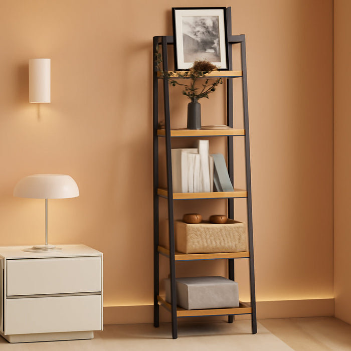 Ladder Shelf, Bookshelf Bookcase, Freestanding Corner Storage Shelve with 2 Hooks for Home Office, Living Room, Kitchen, Bedroom, Industrial, 5-Tier Rustic Brown BC03201B