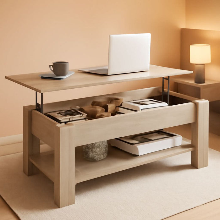 Lift Top Coffee Table with Hidden Compartment and Storage Shelf, Rising Tabletop Dining Table for Living Room Reception Room, 38.6In L, Grey