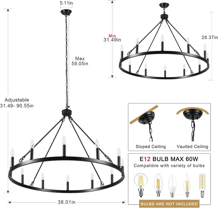 Wagon Wheel Chandelier 12 Light 38" Large Black Farmhouse Chandelier for Dining Room Rustic Country Pendant Light Fixtures Hanging Modern round Chandeliers for Living Room High Ceilings Foyer Entryway