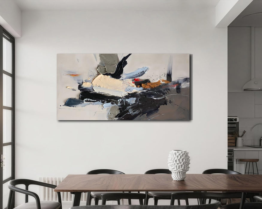 Abstract Canvas Wall Art Textured Extra Large 58“X29” Framed- Black Beige Brush Strokes Painting, Modern Splatter Artwork for Living Room Bedroom Home Office Luxury Wall Decor