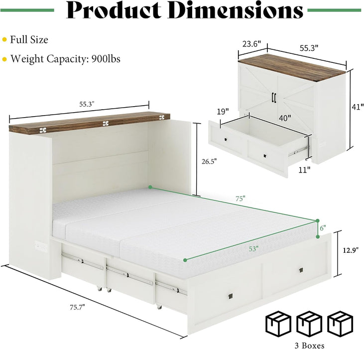 Full Murphy Bed Cabinet Distressed White StorageSolution