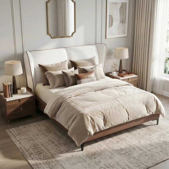 Queen Size Teddy Fleece Thick Fabric Upholstered Platform Bed,Cloud Bed Frame with Wingback Headboard,Bed Frame with Piping,Pu Upholstered Bed Frame,No Box Spring Needed, Easily Assembly,White