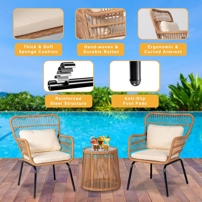 3 Pieces Outdoor Wicker Bistro Patio Furniture Set, Porch Furniture Rattan Conversation Sets with Side Table and Cushions for Garden Poolside Backyard, Yellow/Beige