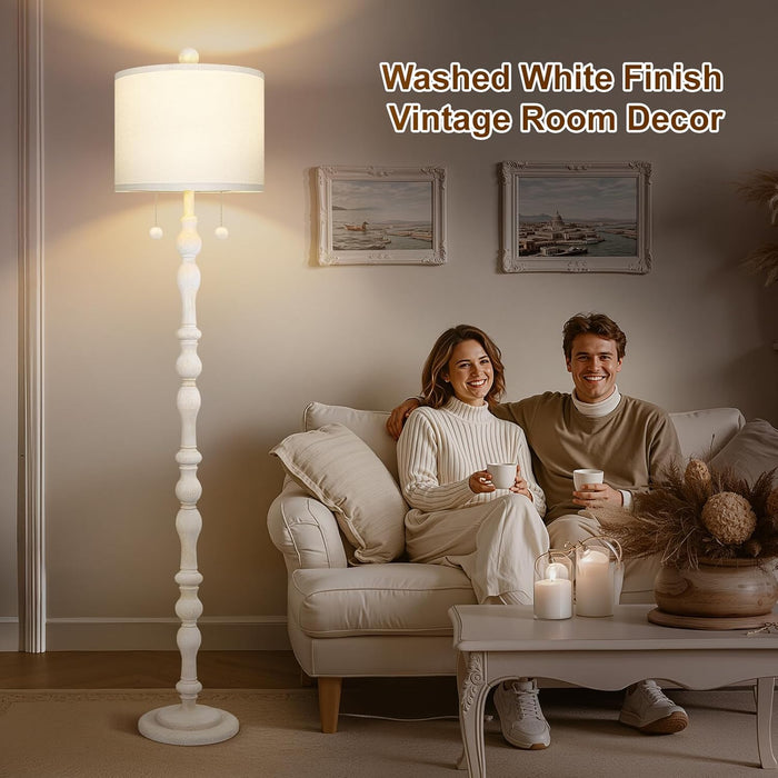 65.5” Natural Real Wood Floor Lamp for Living Room Bedroom, Dual S Cluster Socket, Pull Chains Switch, Farmhouse Tall Standing Lamp with Linen Shade for Home Room Decor (Bulbs Included)
