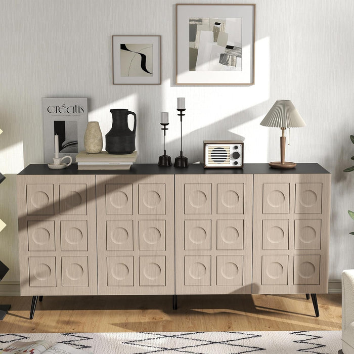 Sideboard Buffet Cabinet with Storage: 63" Oak and Black Buffet Cabinet with 4 Doors, Fluted Credenza Storage Cabinets, Mid Century Modern Sideboard for Living Room (Black & Oak)