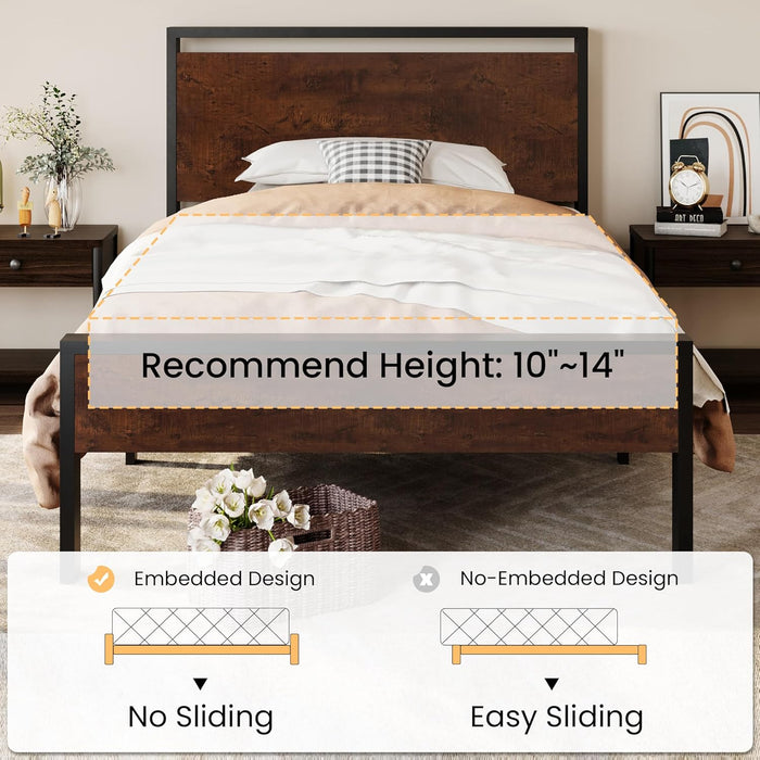 14 Inch Twin Size Metal Platform Bed Frame with Wooden Headboard and Footboard, Mattress Foundation, No Box Spring Needed, Large under Bed Storage, Heavy Duty Slats Support, Mahogany