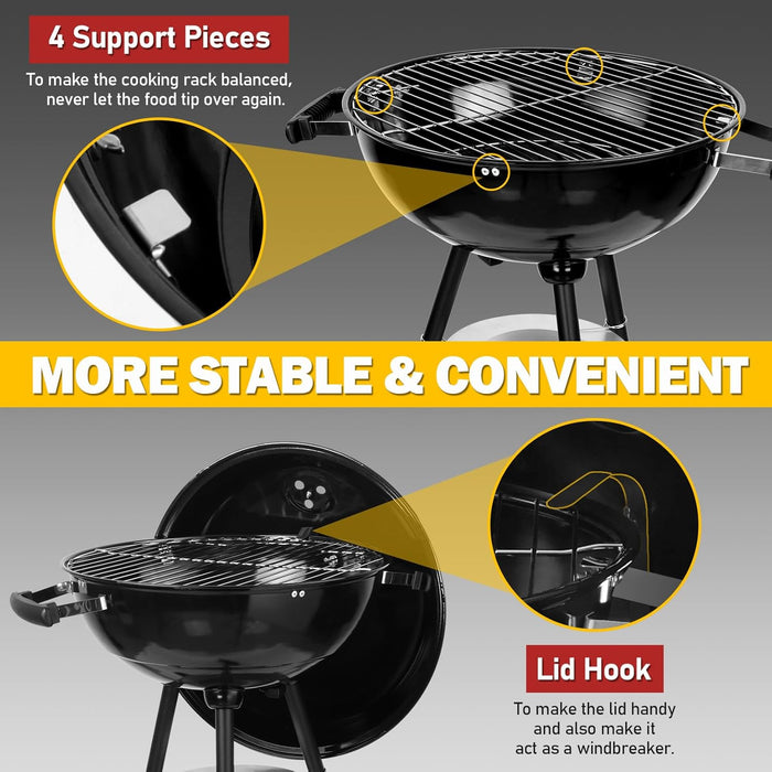 Kettle Charcoal Grill (18 Inch), Outdoor Barbecue Grill for Camping/Backyard/Tabletop Grilling, Portable round Smoker with Wheels, Enameled Lid & Fire Bowl, Dual Venting System, Black