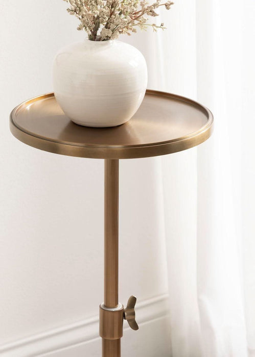 Engles Traditional Adjustable-Height Pedestal Drink Table, 10 X 10 X 30, Polished Brass, Vintage round Living Room Pedestal Table for Indoor Plant Stand with Protective Tabletop Lip