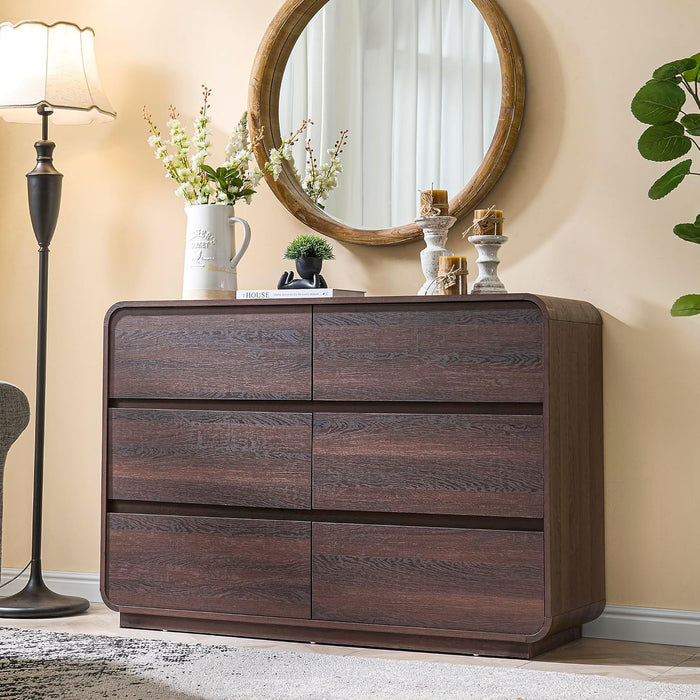 Walnut 6 Drawer Dresser Curved 47Inch BedroomStorage