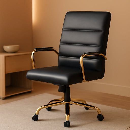 Whitney Mid-Back Swivel Leathersoft Desk Chair with Padded Seat and Armrests, Adjustable Height Padded Office Chair, Black/Gold