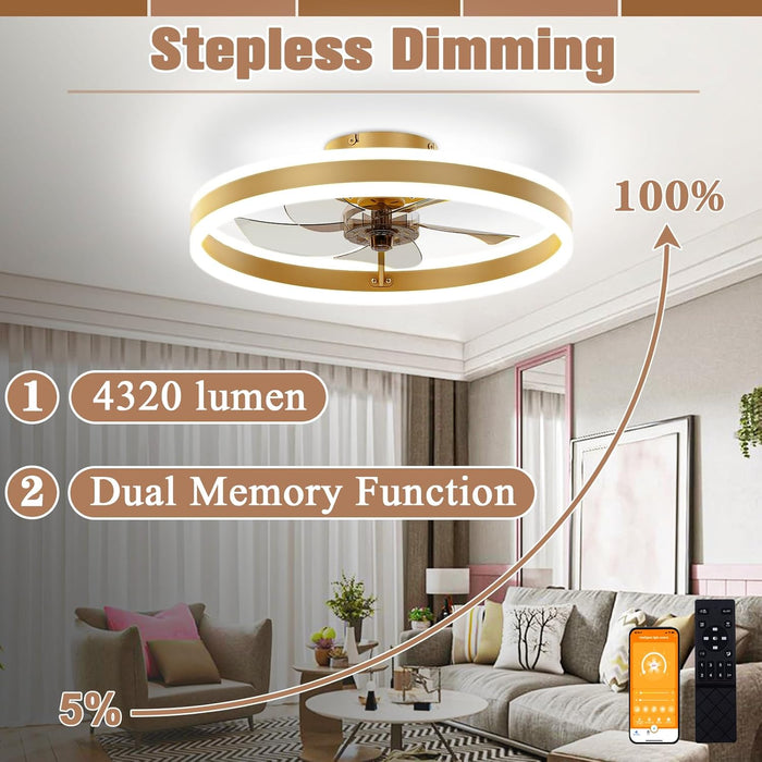 Low Profile Ceiling Fans with Lights and Remote, 19.7In Flush Mount Ceiling Fans with Light, 3000K-6500K Dimmable Fandelier LED Fan Light, Gold Bladeless Ceiling Fans with Lights for Bedroom