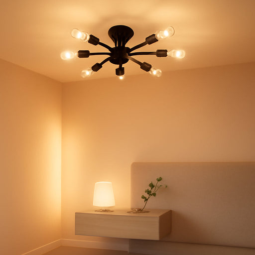 6-Lights Semi Flush Mount Ceiling Light Fixture 2-Pack Black Vintage Matte Sputnik Chandelier Ceiling Lamp for Farmhouse Dining Room Living Room Bedroom Kitchen Entryway