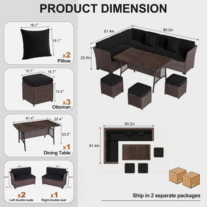 7 Pieces Patio Furniture Set, Patio Sectional with Dining Table & Ottoman