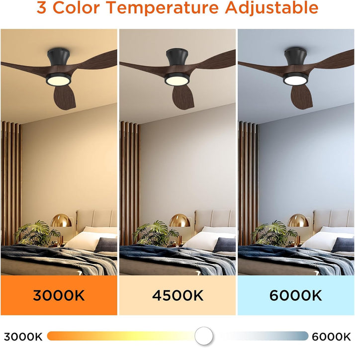 52 Inch Ceiling Fans with Led Lights Remote Control Flush Mount Low Profile for Bedroom Farmhouse Patio Outdoor Living Room Kitchen Dining Room,Dc Motor,Reversible,Buzzer On/Off,Black Walnut