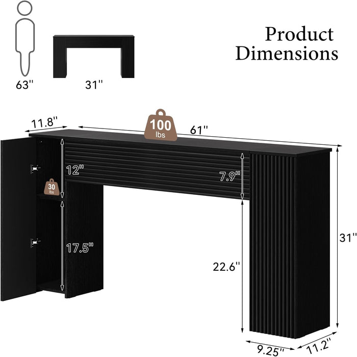 61'' Fluted Long Console Table, Wooden Rectangular Sofa Table behind the Couch, Narrow Entryway Table with 2 Hidden Storage Cabinets for Entrance, Hallway, Living Room, Foyer, Black
