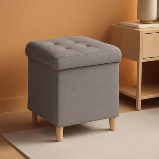Small Storage Ottoman Cube with Tray Lid, Folding Linen Fabric Foot Stool with Elevated Wooden Legs, Multi-Functional Ottoman Foot Rest for Living Room, Bedroom, Entryway, 18 X 18 X 18 Inches