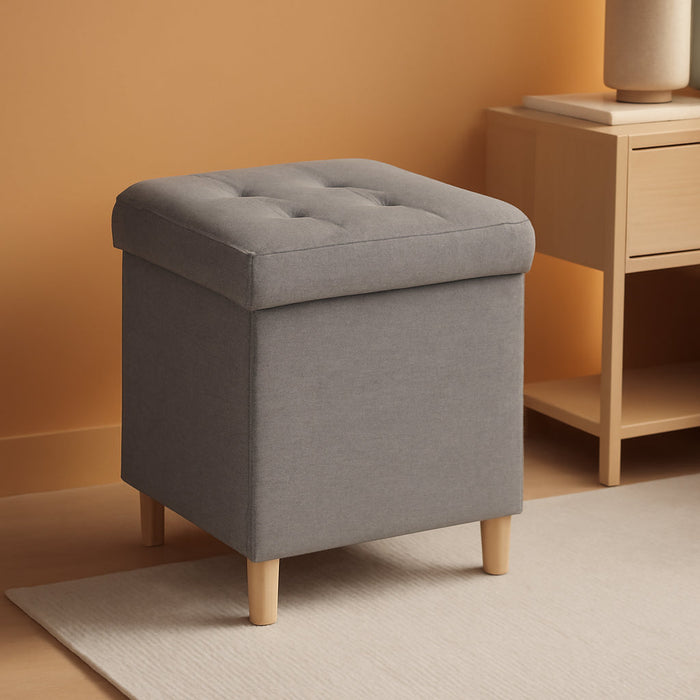 Small Storage Ottoman Cube with Tray Lid, Folding Linen Fabric Foot Stool with Elevated Wooden Legs, Multi-Functional Ottoman Foot Rest for Living Room, Bedroom, Entryway, 18 X 18 X 18 Inches