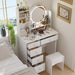 5-Drawers White Wood Makeup Vanity Set Dressing Desk W/ Stool, LED round Mirror and Storage Shelves 52X 31.5X 15.7 In.