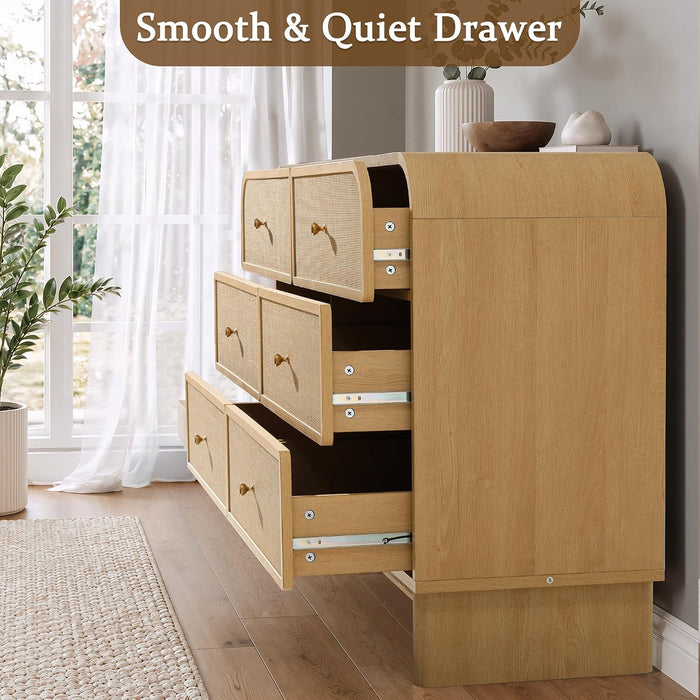 6 Drawer Rattan Dresser for Bedroom 55" Wide Chest of Drawers