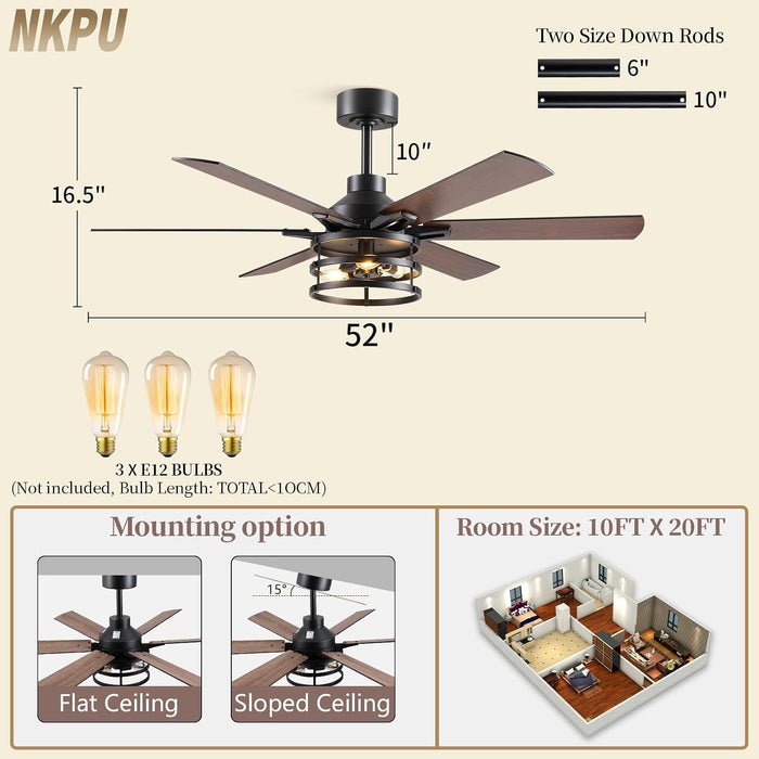 52 Inch Farmhouse Ceiling Fan with Light and Remote, Brown Industrial Caged Rustic Ceiling Fan with 6 Speed