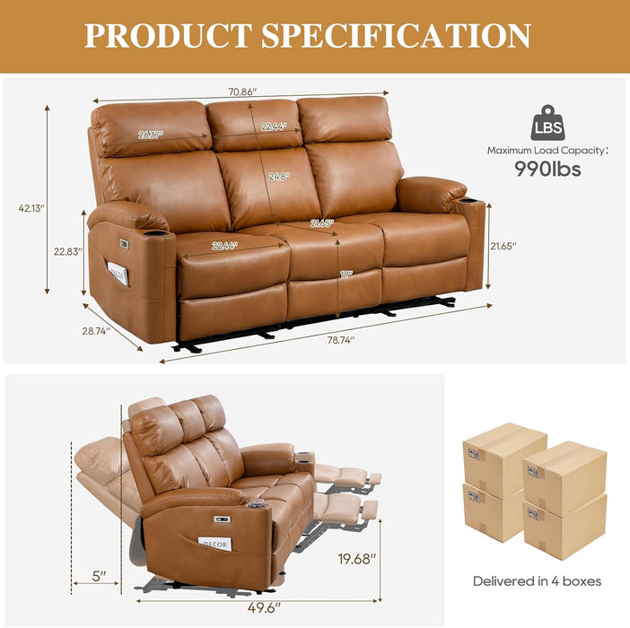 Power Reclining Sofa - 3 Seater Recliner Sofás, PU Leather Sofa, Home Theater Seating with Flipped Middle Backrest, Power Recliner Couch for Living Room(Brown)