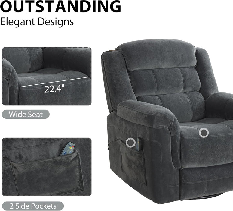 Grey Heated Recliner with Massage, Swivel Rocker