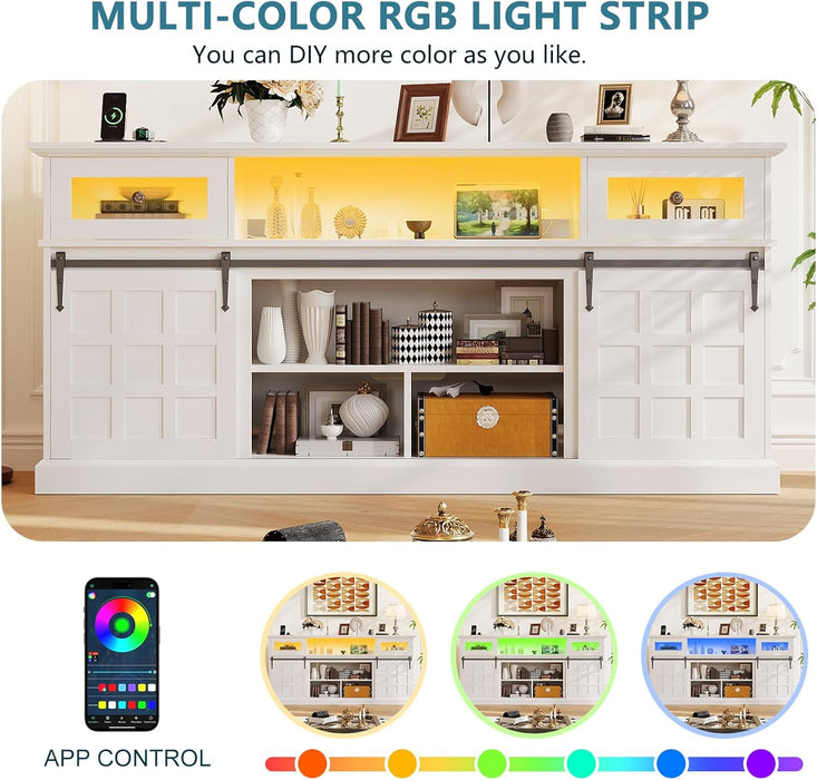 TV Stand for 80 Inch Tvs, LED Entertainment Center with Power Outlet, Farmhouse TV Stand W/Drawers & Sliding Barn Door, Media Console with Storage Cabinets for Living Room, White&Brown