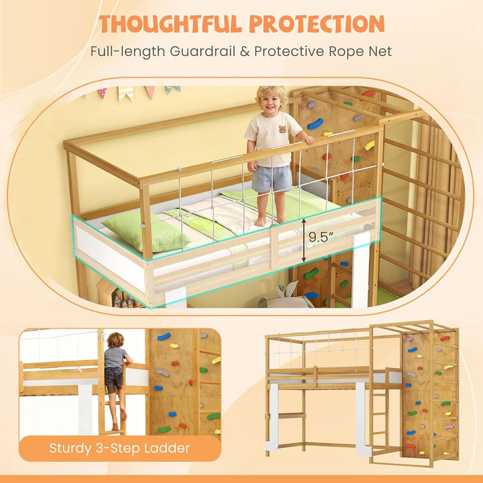 Twin Bunk Bed Jungle Gym Playhouse NaturalFinishWood