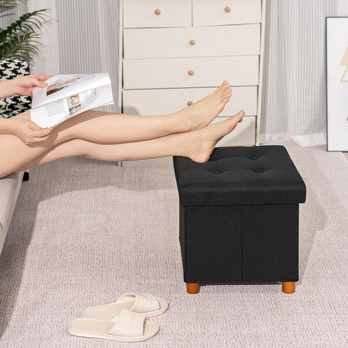 Storage Ottoman with Tray, Foot Stools and Ottomans with Legs, Storage Cube Seat Linen Black 15"