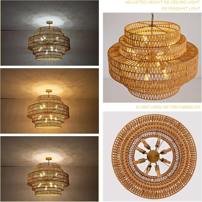 28.7In Large Rattan Chandelier 8-Light Gold Boho Rattan Chandelier